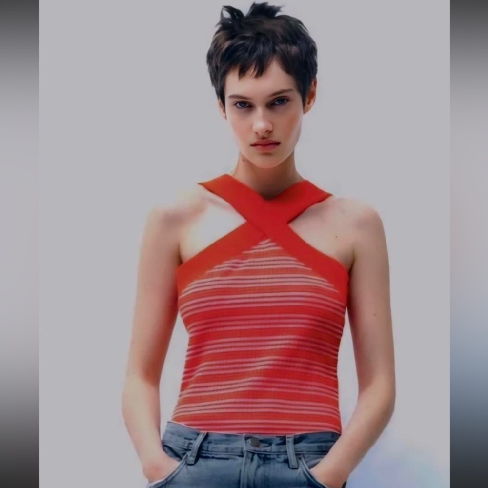 Zara Red and White Striped Cross-Front Crop Top
